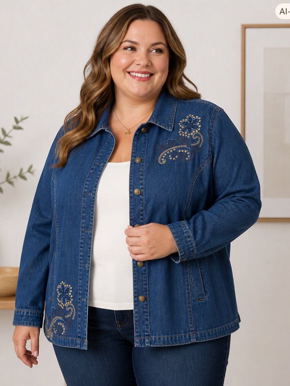 Blair Essentials Embroidered Denim Jacket Plus Size 22W 24W Sequin Shacket Blue
